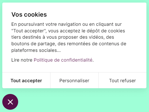Capture de l'encart de paramétrage des cookies utilisés sur le site d'Erasm